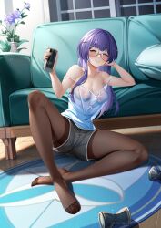 beer_can blue_eyes blue_hair breasts_visible_through_clothing couch d.joko glasses honkai:_star_rail honkai_(series) large_breasts long_hair nipples_visible_through_clothing pela_(honkai:_star_rail) spread_legs wet_clothes wet_shirt