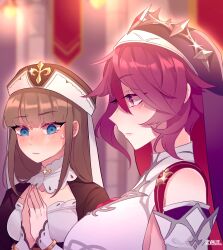 2girls big_breasts blue_eyes blush breast_awe breasts brown_hair church fully_clothed gay_panic genshin_impact girl_staring_at_guy's_chest huge_breasts leyalee2 light-skinned_female looking_at_breasts meme npc nun nuns pink_eyes praying purple_hair rosaria_(genshin_impact) small_breasts staring_at_breasts unaware victoria_(genshin_impact) yuri