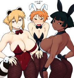 3girls animal_ears araiguma-san ass back bare_back barefoot black_bow black_eyes black_hair blonde_hair blush bob_cut bow bowtie breasts breasts_squeezed_together brown_eyes bunnysuit cleavage closed_mouth covered_navel dark-skinned_female dark_skin dated detached_collar earrings egyptian expressionless fake_animal_ears fishnets flying_sweatdrops hair_between_eyes hands_on_own_hips huge_breasts jewelry large_breasts leotard looking_at_viewer matching_hair/eyes multiple_girls nefertari_(tsukudani) no_bra nontraditional_playboy_bunny open_mouth orange_hair original pantyhose playboy_bunny rabbit_ears rabbit_tail raccoon_ears raccoon_tail red_bow red_eyes short_hair sideboob simple_background standing sweat sweatdrop tail tsukudani_(coke-buta) tsurime tsurime-chan white_background white_bow