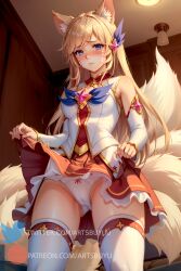 1girls 9_tails ahri ai_generated animal_ears artsbuyu bangs blonde_hair blue_eyes blush blushing detached_sleeves dress dress_lift embarrassed facial_markings fox fox_ears fox_girl fox_tail from_below furry_ears hair_ornament headgear hi_res league_of_legends legwear lifting_skirt long_hair looking_at_viewer medium_breasts nine_tailed_fox panties school_uniform skirt_lift stable_diffusion star_guardian_ahri star_guardian_series tail thighhighs uniform upskirt vastaya white_dress white_legwear white_panties white_thighhighs