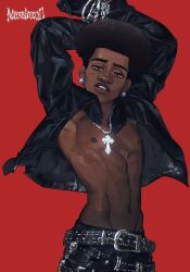 1boy armpit armpits dark-skinned_male dark_skin earrings goth human human_only looking_at_viewer male male_only manaherod marvel miles_morales miles_morales_(earth_42) necklace nipple piercings pose shirtless solo spider-man:_across_the_spider-verse spider-man_(series) thick_lips