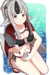 1girls alternate_costume alternate_hairstyle amagumo1023 animal_ears bikini black_bikini black_hair black_swimsuit breasts cape clam_shell cleavage female female female_only fire_emblem fire_emblem_fates fish_bone grey_hair highres looking_at_viewer medium_breasts multicolored_hair nintendo o-ring o-ring_bikini ponytail red_cape sandals shell side-tie_bikini_bottom smile solo squatting starfish streaked_hair swimsuit tail velouria_(fire_emblem) wolf_ears wolf_girl wolf_tail