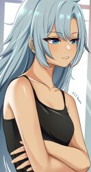 1girls a_(xenoblade) arms_crossed asymmetrical_bangs bangs barefoot black_shirt black_tank_top blue_eyes breasts core_crystal crossed_arms dark_skin ear_ring earrings female highres long_hair monolith_soft namu_(112namu) nintendo shirt silver_hair small_breasts tan_skin tank_top upper_body very_long_hair xenoblade_(series) xenoblade_chronicles_3 xenoblade_chronicles_3:_future_redeemed