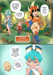 2boys 2girls big_breasts blue_eyes blue_hair bra bulma_briefs chichi dragon_ball dragon_ball_super dragon_ball_z earrings funsexydragonball hand_on_chin happy nappa oolong panties shield sword thinking