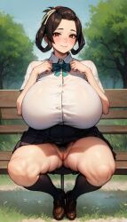 1girls ai_generated bench brown_eyes brown_hair closed_mouth grass gyakuten_saiban hair_rings hairy_pussy huge_breasts kneesocks looking_at_viewer no_panties park pubic_hair pussy ribbon rtxon school_uniform short_hair sitting skirt sky smile smug suggestive susato_mikotoba the_great_ace_attorney thick_thighs tight_clothing trees white_shirt wide_hips