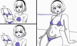 1girls bikini blush clothes_removed embarrassed embarrassed_underwear_female embarrassing_outfit female female_only girls_reacting_to_bikini_(meme) homestuck lipstick monochrome ms_paint_adventures purple_bikini purple_eyes reluctant rimlandicmilitarist rose_lalonde skimpy small_breasts solo t-shirt thick_thighs trying_on_clothes undressed white_shirt wide_hips