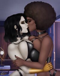 2girls african african_female afro black_hair bra breast_press breast_squeeze breast_squish breasts breasts_bigger_than_head chocolate_and_vanilla choker dark-skinned_female doctor_slone female/female fortnite hug interracial jolygold69_(artist) kissing latex latex_suit latex_thighhighs light-skinned_female makeup marigold_(fortnite) multiple_girls pale-skinned_female panties short_hair white_body white_skin yuri