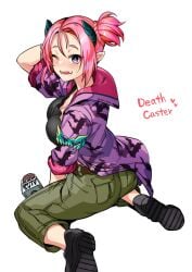 1girls demon_girl duel_monster female muckraker_from_the_underworld pink_hair sitting yu-gi-oh!