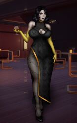 black_dress black_hair black_heels breasts breasts_bigger_than_head dress female female_only fortnite fortnite:_battle_royale gloves heels high_heels hips jolygold69_(artist) legs long_dress long_legs marigold_(fortnite) open_clothes pantyhose scar short_hair smile solo standing white_body white_skin wine wine_glass