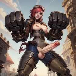 1futa ai_generated armor balls big_breasts big_penis blue_eyes futa_only futanari gauntlets goggles goggles_on_head huge_cock league_of_legends league_of_legends:_wild_rift nipples penis pink_hair puffyart riot_games solo solo_futa stable_diffusion steampunk thick_thighs vi