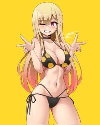 1girls bangs big_breasts bikini black_bikini blonde_hair blush breasts choker cleavage curvy cute double_v earrings female female_focus female_only floral_print hi_res jestami kitagawa_marin long_hair looking_at_viewer multicolored_hair navel one_eye_closed peace_sign pink_eyes plain_background smile solo sono_bisque_doll_wa_koi_wo_suru swimsuit v_sign wink yellow_background