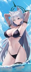 abydos_high_school_student armpits arms_up athletic bare_arms bare_legs bare_thighs belly belly_bulge belly_button bikini blue_archive blue_eyes blush calm_face elbows expressionless huge_breasts long_hair looking_at_viewer nude num_s1x open_mouth partially_submerged shiroko_(terror)_(blue_archive) slender_body slender_waist slim_waist thick_thighs thin_waist water wet white_hair wide_hips