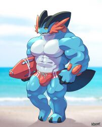 anthro beach blue_body bulge clothed clothing hi_res lifeguard looking_at_viewer male male_only mega_evolution mega_swampert muscular muscular_male nintendo pokemon pokemon_(species) seaside solo voviat