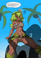 1girls amalia anus blush breasts dark-skinned_female dark_skin english_text erection female imminent_sex nipples_visible_through_clothing princess_amalia_sheran_sharm pubic_hair pussy sadida see-through speech_bubble sunnie text torso_grab upskirt wakfu