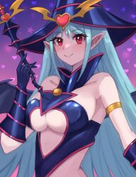 1girls blush chocolate_magician_girl cyan_hair duel_monster female fullbore75 highres long_hair looking_at_viewer red_eyes smile solo witch witch_hat yu-gi-oh!