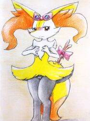 blush blushing blushing_at_viewer braixen brown_eyes claws claws-and-paws eiroru female female_only female_pokemon feral fluffy fluffy_chest fluffy_tail generation_6_pokemon glasses glasses_on_head inner_ear_fluff innie_pussy looking_at_viewer paws pokémon_(species) pokemon pokemon_(species) pokephilia pussy ribbon serious serious_look simple_background standing stick thick_thighs yellow_body yellow_fur