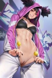 1girls black_hair bottomless bra breasts capcom dark_hair female female_only horny juri_han looking_at_viewer neoartcore pajamas presenting pussy shaved_pussy smile solo street_fighter street_fighter_6 vagina