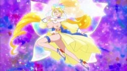 1girl 1girls clothing cure_etoile earrings edit hugtto!_precure kagayaki_homare large_breasts long_ponytail looking_at_viewer magical_girl ponytail posing precure pretty_cure wings yellow_hair