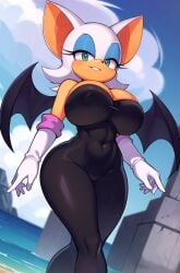 abs ai_generated anthro bat bat_wings belly_button black_bodysuit cameltoe chiropteran confident eyelashes green_eyes huge_breasts looking_at_viewer low-angle_view mammal orange_body rouge_the_bat self_upload short_hair skin_tight sky smiling_at_viewer smug smug_face solo_female sonic_(series) sonic_the_hedgehog_(series) thick_thighs virtuai water white_gloves white_hair wide_hips