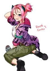 1girls demon_girl duel_monster female muckraker_from_the_underworld pink_hair sitting yu-gi-oh!