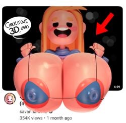 2023 3d 3d_(artwork) 3d_model 5_fingers areola areola_slip areolae arrow big_breasts bikini black_eyes blonde_eyebrows blonde_hair blue_bikini blue_clothing blue_sweater blue_topwear blush blush_lines breasts circle_eyebrows directional_arrow dot_eyes eyebrows fourth_wall hair huge_boobs huge_breasts humanoid_hands inner_hair light_body light_skin long_hair mob_face nipple_bulge nipple_outline non-euclidean_border noseless open_mouth orange_eyebrows orange_hair ota_(artist) pink_areola pink_nipples pulling_bikini_string pulling_clothing raised_clothing raised_topwear savannahxyz simple_eyes simple_face speech_bubble straight_hair string_bikini sweater sweater_up teeth teeth_showing thick_eyebrows thumbnail youtube youtube_thumbnail