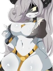 big_breasts breasts caution_stripes caution_tape cleavage female glitch_productions horns horns_hairband long_hair metal_skin mikatsu27 murder_drones oc partially_clothed partially_clothed_female robot robot_girl robot_humanoid solo tagme thick_thighs white_hair white_skin yellow_eyes