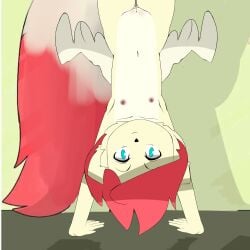 animation_meme_community big_tail cyan_eyes female_only flat_chest kitty_channel_afnan lina_(kitty_channel_afnan) naked naked_female nipples nude pussy red_hair small_breasts upside-down wings young