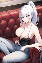 1girls ai_generated big_breasts blue_eyes female female_only original ponytail solo soulgen white white_hair