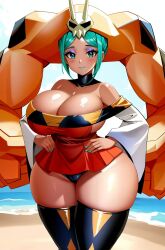 1girls ai_generated beach big_ass big_breasts big_butt cerebella charlottes_lewds female hands_on_hips huge_ass huge_breasts huge_butt huge_thighs makeup sand skullgirls stable_diffusion standing tan_body teal_hair thick_thighs thighhighs vice-versa water wide_hips