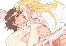 blonde_hair blonde_hair_male blonde_male brown_hair brunette_hair gay green_eyes hand_on_penis honkai:_star_rail honkai_(series) kissing pinned pinned_down shirt_up void_archives_(honkai_impact_3rd) welt_yang_(honkai:_star_rail) yellow_eyes