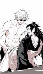 2boys anal anal_sex ass big_penis black_and_white black_hair clothed clothed_sex clothing doggy_style dominant_male fully_clothed gay gay_sex genitals jujutsu_kaisen long_hair male/male moaning muscular off_shoulder pants_only satoru_gojo submissive_male suguru_geto sunglasses white_hair yaoi