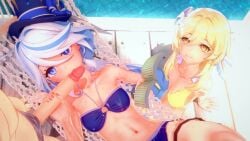 animated blonde_hair furina_(genshin_impact) genshin_impact handjob lumine_(genshin_impact) mihoyo poolside tagme uncensored video white_and_blue_hair white_hair