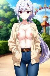 100_kanojo ai_generated eiai_nano grey_hair kimi_no_koto_ga_dai_dai_dai_dai_daisuki_na_100-nin_no_kanojo large_breasts long_hair looking_at_viewer nekom14 nipple_slip nipples no_shirt open_jacket the_100_girlfriends_who_really_really_really_really_really_love_you topless