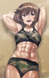 1girls abs akiyama_yukari armpits breasts brown_eyes brown_hair camouflage girls_und_panzer midriff muscular muscular_female open_mouth smile sweat sweaty yilx