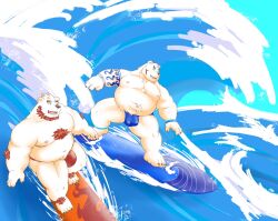 2023 anthro bear belly big_belly bulge clothing detailed_background duo hi_res humanoid_hands kemono male mammal moobs morino8484 nipples outside overweight overweight_male polar_bear surfboard surfing swimwear tattoo ursine