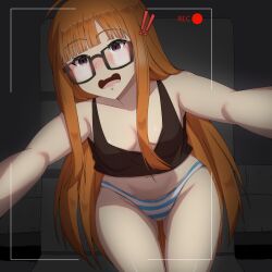 ! !! absurdres ahoge black_tank_top blunt_bangs blush breasts brown_hair commentary crop_top embarrassed english_commentary female glasses groin highres long_hair lucky_zero navel open_mouth orange_hair outstretched_arms paid_reward_available panties persona persona_5 purple_eyes recording sakura_futaba selfie small_breasts solo striped striped_panties tank_top thighs underwear very_long_hair viewfinder