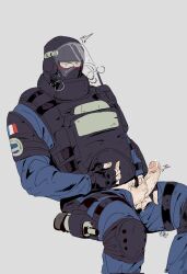 1boy anime_style armor blush clothed clx147258 cum cum_drip curved_penis face_covered french french_flag green_eyes helmet holding_penis male male_focus male_only masturbation orgasm penis_out police_uniform rainbow_six rainbow_six_siege rook_(rainbow_six) simple_background sitting solo stroking_penis uniform