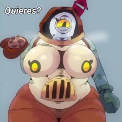 brawl_stars breasts chubby chubby_female cookie eyes huesosdry metallic_body pearl_(brawl_stars) quieres? robot robot_girl spanish_dialogue spanish_text text