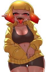 agent_4_(splatoon) exposed_midriff hourglass_figure inkling inkling_girl large_breasts multicolored_hair nintendo nobunagapero open_mouth peronattu pointy_ears red_eyes red_hair sharp_teeth spats splatoon splatoon_2 splatoon_2:_octo_canyon sports_bra tagme tentacle_hair thick_thighs tongue_out voluptuous wide_hips yellow_hair yellow_jacket_(clothing)