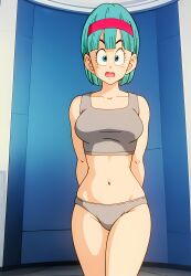 1girls ai_generated aqua_eyes aqua_hair arms_behind_back bare_arms bare_shoulders belly blue_eyes blue_hair bra bulma bulma_briefs bulma_briefs_(frieza_saga) diadem dragon_ball dragon_ball_z female fringe hairband imminent_deepthroat imminent_oral light-skinned_female light_skin looking_at_viewer medium_hair navel open_mouth oral panties petite seductive_look short_hair slim sports_bra subaruarm thick_thighs thighs turquoise_eyes turquoise_hair underwear