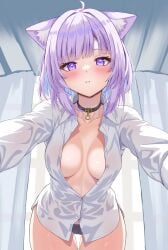 absurdres black_choker black_panties blue_hair blush breasts cameltoe choker cleavage cleft_of_venus collarbone colored_inner_hair female highres hololive hololive_gamers hololive_japan long_sleeves looking_at_viewer medium_breasts medium_hair multicolored_hair nekomata_okayu no_bra oniku_(o29sukizero) open_clothes open_shirt panties purple_eyes purple_hair shirt solo underwear virtual_youtuber white_shirt