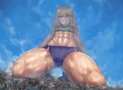 1girls abs blonde_hair city destruction explosion giantess grin idolmaster idolmaster_cinderella_girls looking_down muscular muscular_female on_knees red_eyes small_breasts thick_thighs thighs yilx yuuki_haru