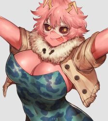 1girls armpit_crease armpits big_breasts black_sclera boku_no_hero_academia busty curvaceous female female_focus female_only hero_outfit_(mha) hi_res horns ibuo mina_ashido my_hero_academia pink_hair pink_skin solo solo_female solo_focus tongue_out