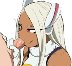 1boy 1girls athletic_female blowjob bunny_ears casual_sex clothed_female_nude_male dark-skinned_female dark_skin fellatio gloves hero_outfit_(mha) holding_penis interracial leotard light-skinned_male miruko my_hero_academia oral oral_sex partial_male penis penis_in_hand penis_in_mouth rabbit_girl red_eyes rumi_usagiyama saliva saliva_on_penis shoganight sucking_off sucking_penis white_hair white_hair_female