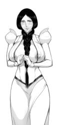 1girls alternate_costume big_breasts bleach bleach:_the_thousand-year_blood_war blush breasts cleavage clothed_female clothing dress erect_nipples erect_nipples_under_clothes female female_only huge_breasts inoue_orihime_(cosplay) jnsdh looking_at_viewer mature mature_female milf monochrome nipples no_bra oppai pinup revealing_clothes shoulder_pads unohana_retsu visible_nipples voluptuous