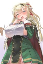 1boy 1girls aiguillette anger_vein angry annoyed azur_lane black_cape blonde_hair blue_eyes blush breasts cape center_frills commentary_request covered_navel covered_nipples dress epaulettes female frills garter_straps gorizia_(azur_lane) green_dress groin hair_between_eyes hair_ribbon hairband hands_up highres large_breasts light-skinned_female light-skinned_male light_skin long_hair long_sleeves many_ankles_(kurubushi_no_katamari) nipple_tweak no_panties open_mouth red_cape ribbon sardegna_empire_(azur_lane) shirt sideboob sidelocks simple_background solo_focus standing sweat two-sided_cape two-sided_fabric two_side_up white_background white_shirt