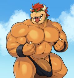 analon_(artist) anthro big_arms big_biceps big_pecs bowser bracelet broad_shoulders bulge clothed clothing genitals hair hi_res ineffective_clothing jewelry koopa looking_at_viewer male male_only mario_(series) musclegut muscular muscular_male navel nintendo nipple_fetish nipple_pinch nipple_play partially_clothed pecs penis pinch pinup pose red_hair scalie sharp_teeth smile smiling_at_viewer solo tan_body tan_skin teeth tongue tongue_out toomanyboners topless