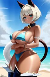 1girls ai_generated beach bell_collar big big_ass big_breasts big_butt big_thighs bikini blue_eyes breasts cat_ears charlottes_lewds cloud huge_ass huge_butt nadia_fortune partially_clothed short_hair skullgirls stable_diffusion tail water wide_hips