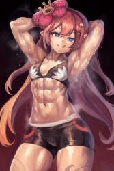 1girls abs armpits blue_eyes breasts duel_monster female flower flower_in_hair hair_ornament licking_lips long_hair midriff muscular muscular_female red_hair small_breasts smelly smelly_armpits sweat sweaty traptrix traptrix_rafflesia yilx yu-gi-oh!