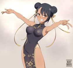 1girls big_breasts black_hair blush breasts brown_eyes chun-li_(cosplay) clothed clothing female female_focus female_only hayase_nagatoro hi_res highres kdtwifi long_hair looking_at_viewer navel please_don't_bully_me,_nagatoro revealing_clothes simple_background solo street_fighter tan tan-skinned_female tan_body tan_skin tanned tanned_female traditional_clothes